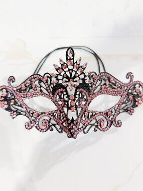 Black Pink Crystal Masquerade Mask, Gothic Prom Mask, Halloween Party Accessory